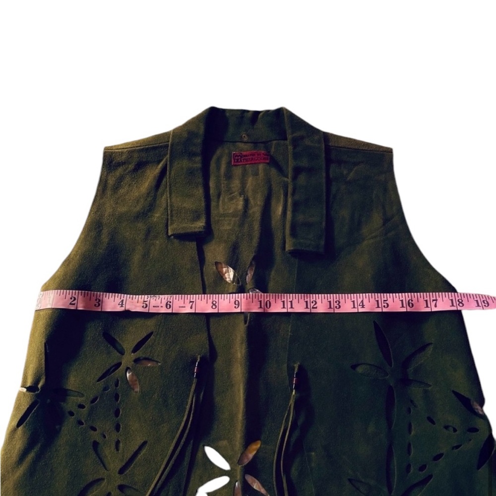 Vintage Army Green Suede Vest Fringe Detail and Flower cut outs - Picture 16 of 16